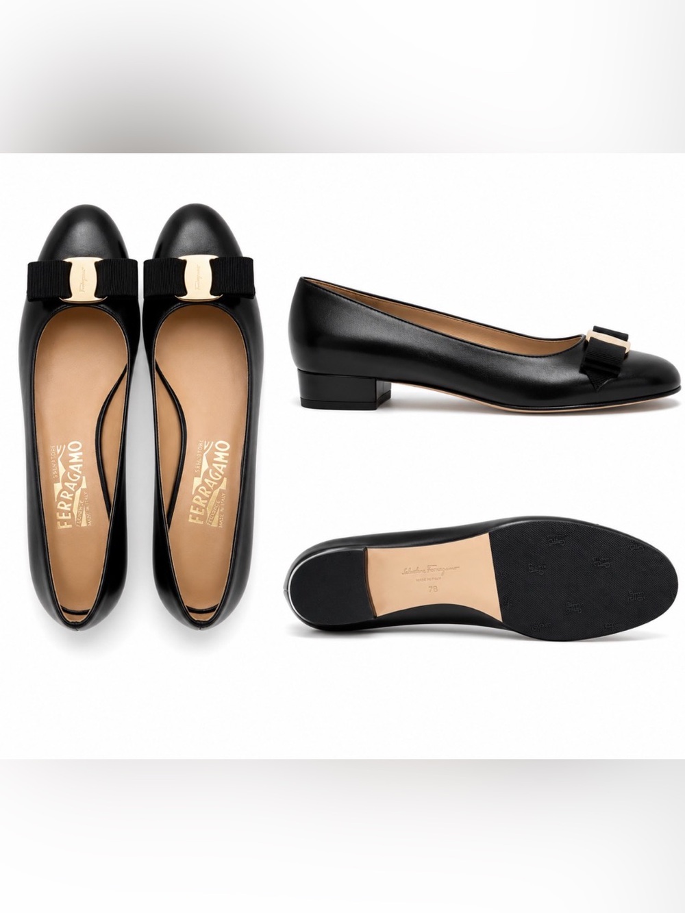 Salvatore Ferragamo Black Leather Vara Bow Low-Heel Ballet Flats